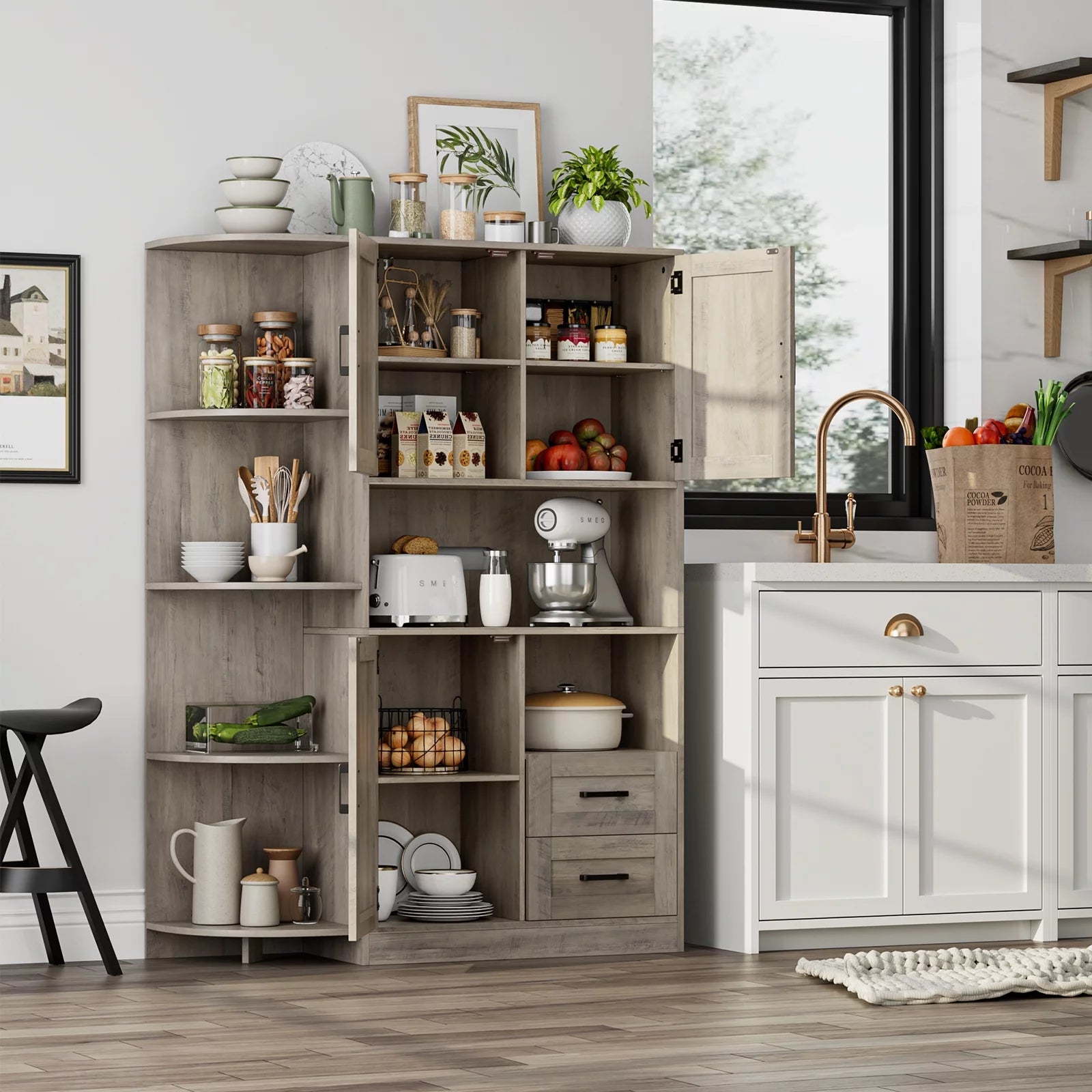 Large Kitchen Pantry with Adjustable Shelves, Wash Gray Z259