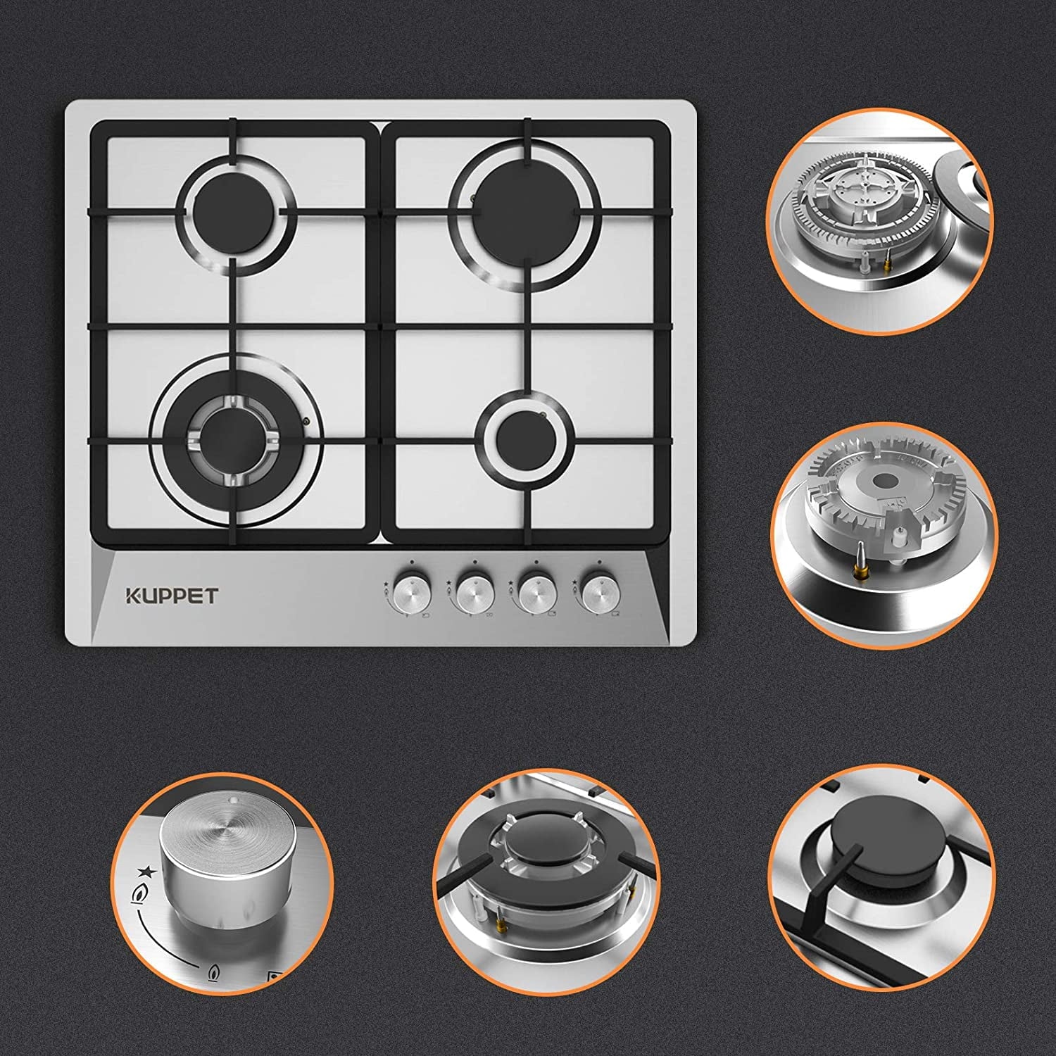 24 Inch Gas Cooktop with 4 Sealed Burners, Stainless Steel, NG/LPG Convertible B691160