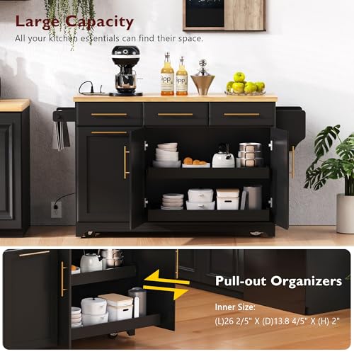 Farmhouse Kitchen Island with Drop Leaf, Barn Door and Power Outlet C3058