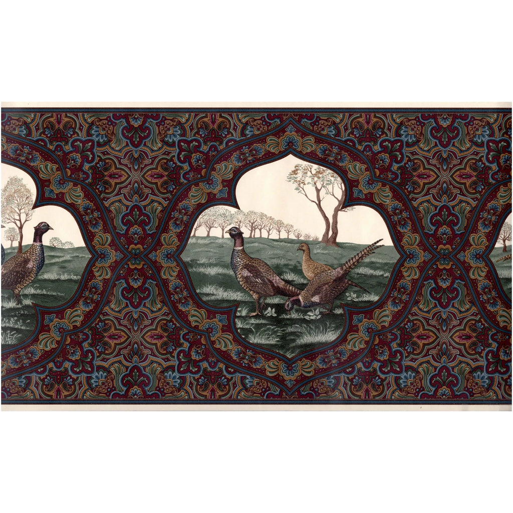 Trimz Vintage Paisley Pheasants Wallpaper Border, Dark burgundy, Green, Blue, Brown, 15' L x 10.25" W