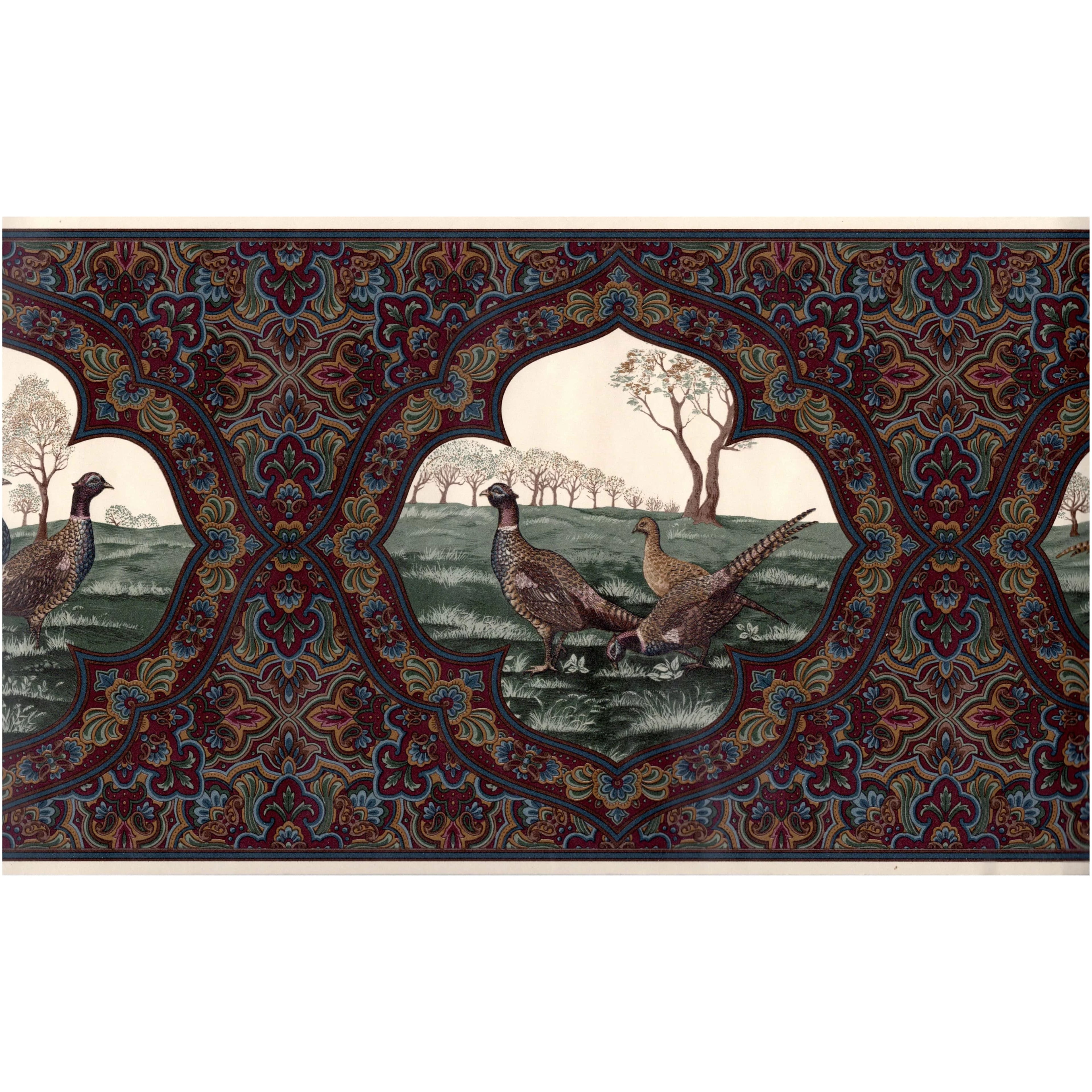 Trimz Vintage Paisley Pheasants Wallpaper Border, Dark burgundy, Green, Blue, Brown, 15' L x 10.25" W