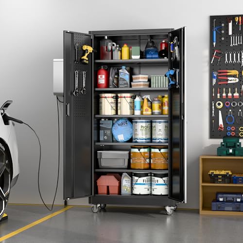 Garage Storage Cabinet with Wheels, 72" H, 2 Doors, 4 Adjustable Shelves, Black R4307