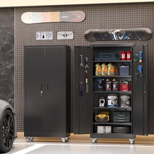 Metal Storage Cabinet with Wheels, 73" H, Locking Doors and Adjustable Shelves A1751