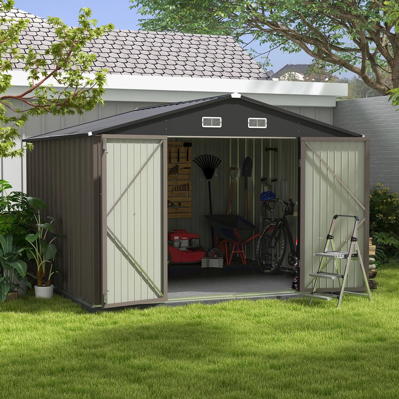 Outdoor Storage Metal Shed with Sloping Roof and Double Lockable Door I192803