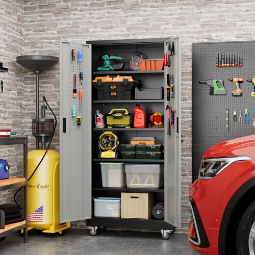 Metal Storage Cabinet with Wheels, 73" H, Locking Doors and Adjustable Shelves A1751