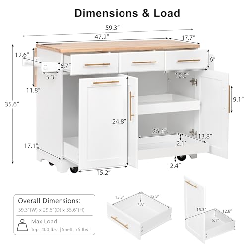 Farmhouse Kitchen Island with Drop Leaf, Barn Door and Power Outlet C3058