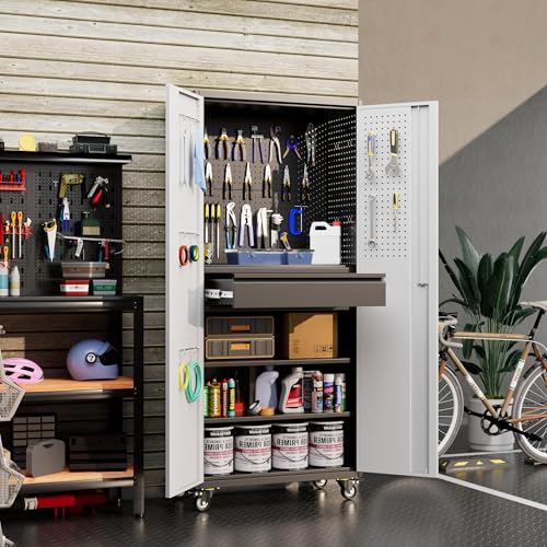 Garage Storage Cabinet with Wheels, 72" H, 2 Doors, 4 Adjustable Shelves, Black R4307