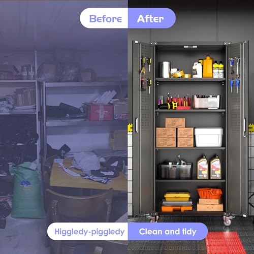 Garage Storage Cabinet with Wheels, 72" H, 2 Doors, 4 Adjustable Shelves, Black R4307