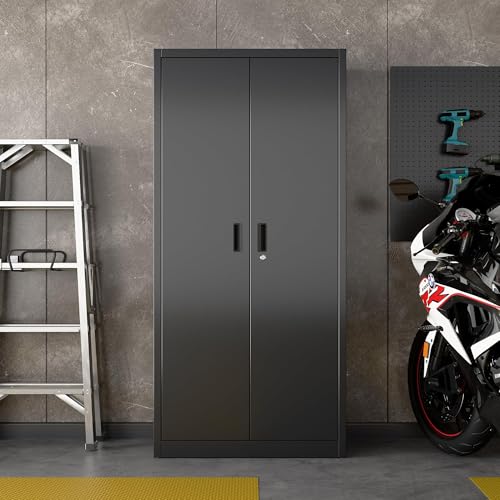Garage Storage Cabinet with Wheels, 72" H, 2 Doors, 4 Adjustable Shelves, Black R4307