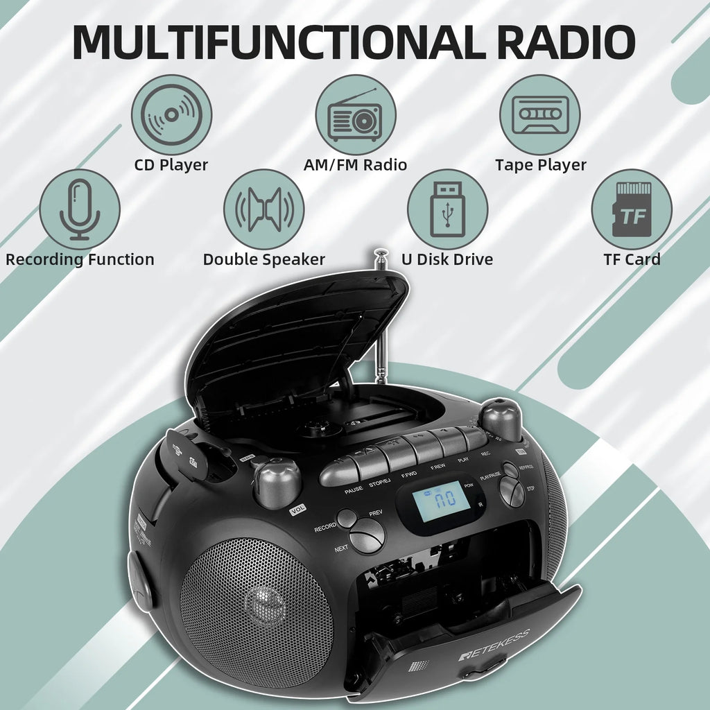 CD and Cassette Player Combo, Portable Boombox with AM FM Radio and MP3 Support L736088