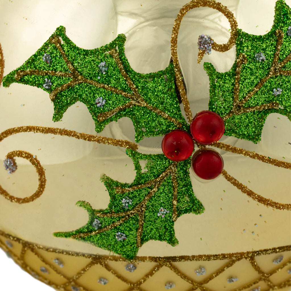 Golden Glitter Holly Christmas Glass Ornaments 5" Set of 2 X59666