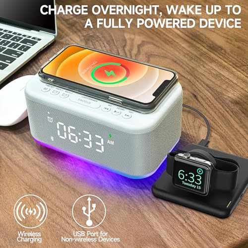 Wireless Charging Alarm Clock Speaker with Bluetooth, Dimmable Night Light K3994