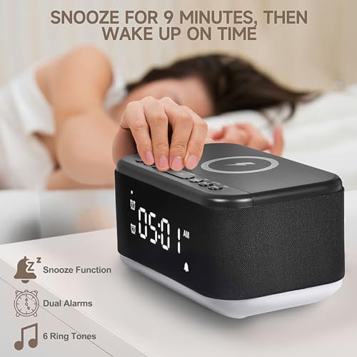 Wireless Charging Alarm Clock Speaker with Bluetooth, Dimmable Night Light K3994