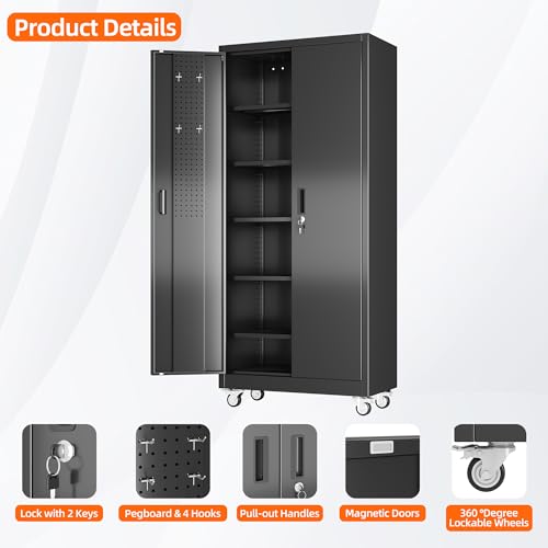 Metal Storage Cabinet with Wheels, 73" H, Locking Doors and Adjustable Shelves A1751