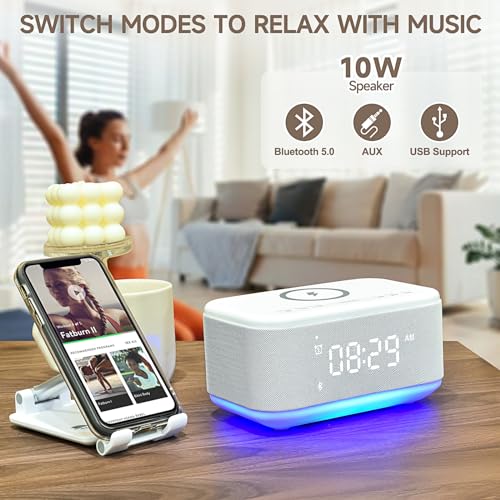 Wireless Charging Alarm Clock Speaker with Bluetooth, Dimmable Night Light K3994