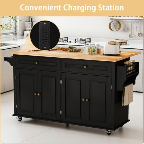 Movable Kitchen Island with Drop Leaf and Power Outlet Y932