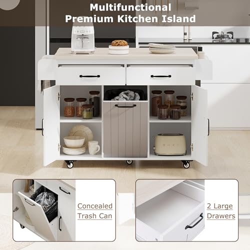 Farmhouse Kitchen Island with Drop Leaf, Barn Door and Power Outlet C3058