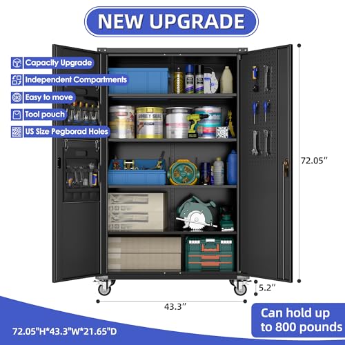 Metal Storage Cabinet with Wheels, 73" H, Locking Doors and Adjustable Shelves A1751