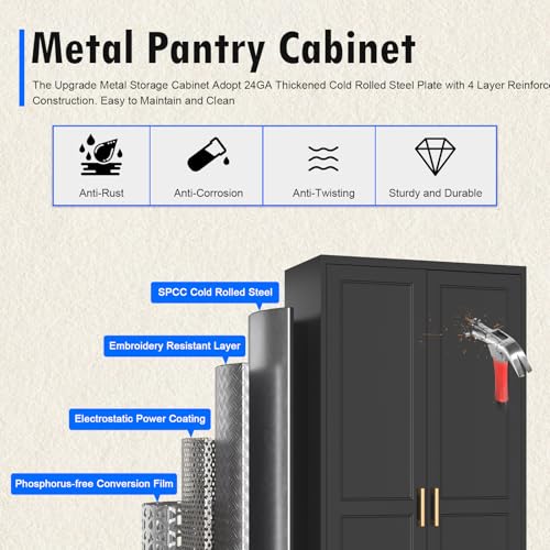 Tall Kitchen Storage Cabinet with Doors and Adjustable Shelves, Black Freestanding Cupboard J20442