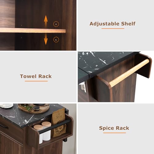 Farmhouse Kitchen Island with Drop Leaf, Barn Door and Power Outlet C3058