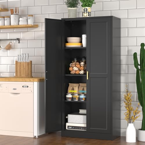 Tall Kitchen Storage Cabinet with Doors and Adjustable Shelves, Black Freestanding Cupboard J20442