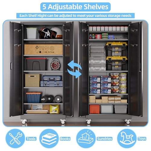 Garage Storage Cabinet with Wheels, 72" H, 2 Doors, 4 Adjustable Shelves, Black R4307
