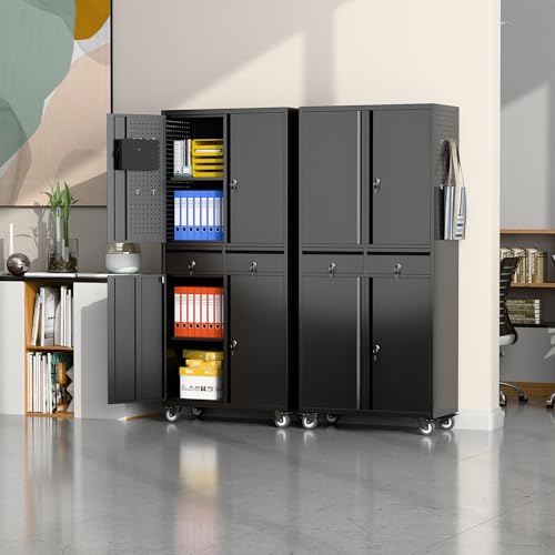 Metal Storage Cabinet with Wheels, 73" H, Locking Doors and Adjustable Shelves A1751