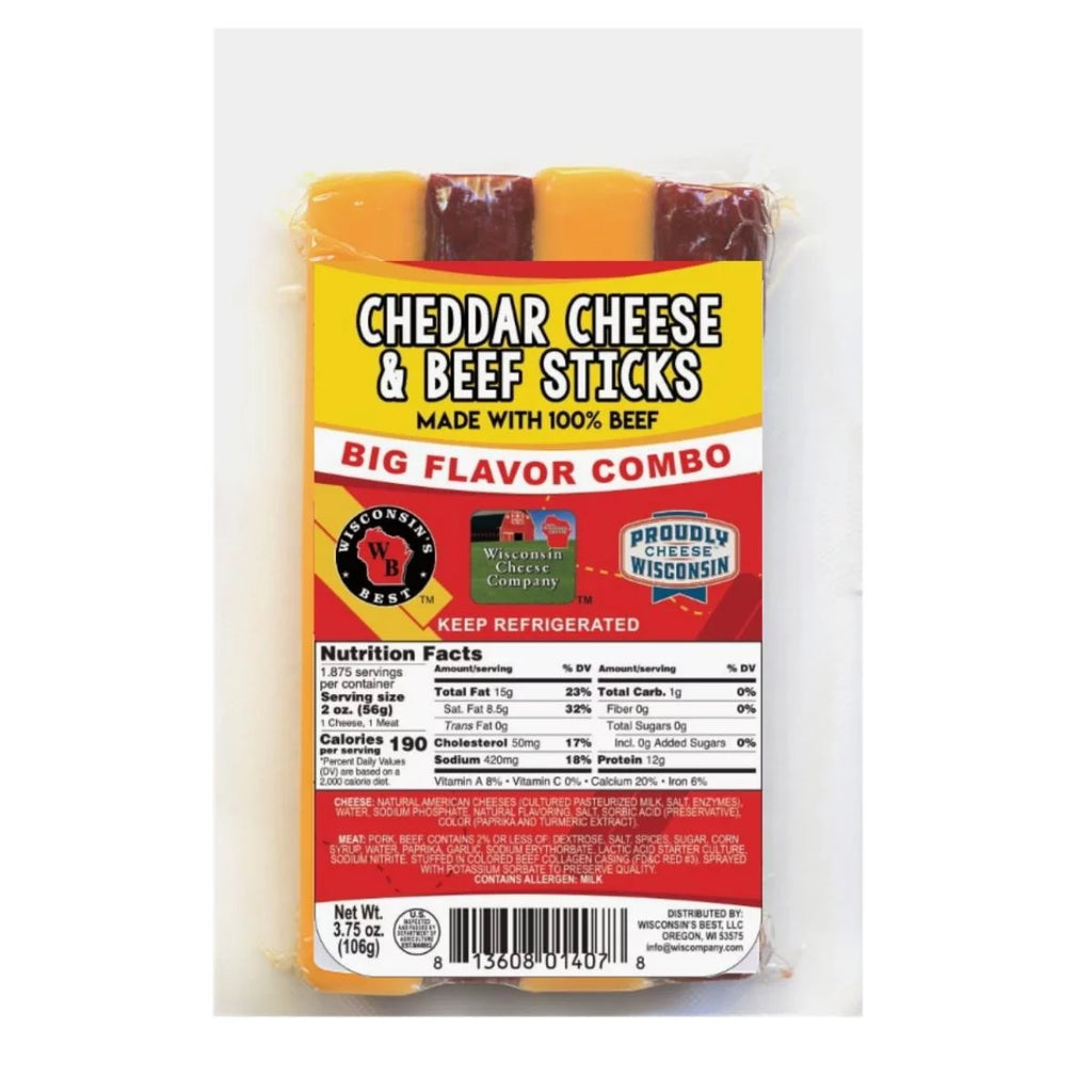 Wisconsin's Best Cheddar Cheese & Beef Sticks, 3.75 oz, 12 ct, Shelf Stable