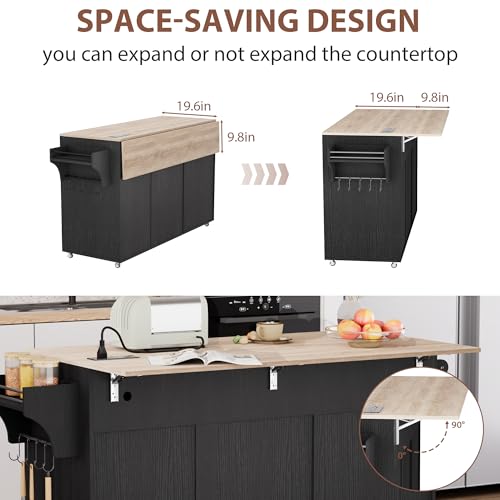 Kitchen Island on Wheels with Storage, Drop Leaf and Power Outlet I19403