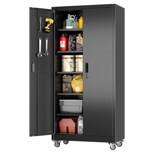 Garage Storage Cabinet with Wheels, 72" H, 2 Doors, 4 Adjustable Shelves, Black R4307