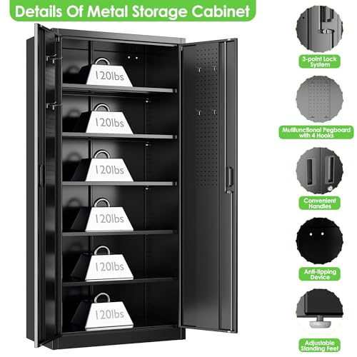 Garage Storage Cabinet with Wheels, 72" H, 2 Doors, 4 Adjustable Shelves, Black R4307