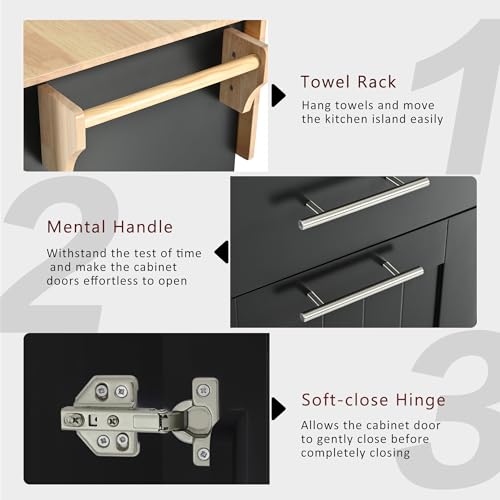 Large Kitchen Island with Drop Leaf, Rolling Cart, Power Outlet and Storage A3211