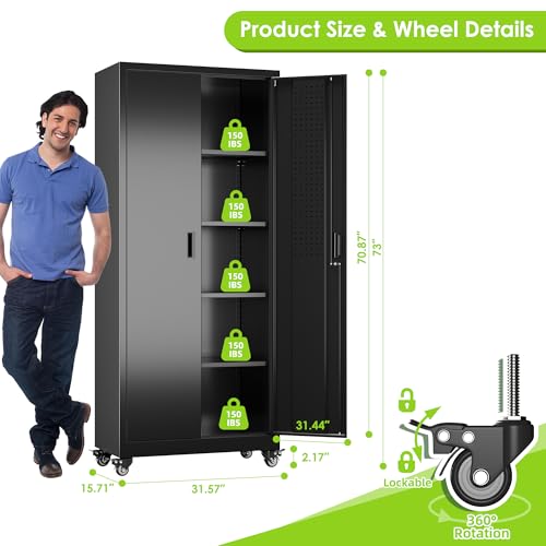 Garage Storage Cabinet with Wheels, 72" H, 2 Doors, 4 Adjustable Shelves, Black R4307