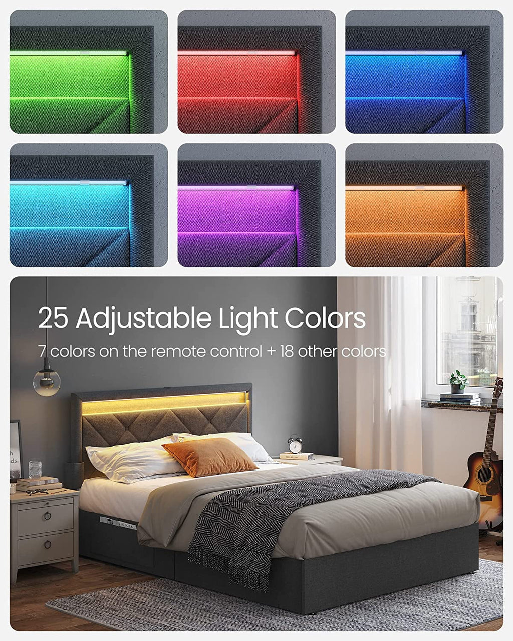 Full Size LED Bed Frame with Headboard and 4 Drawers Storage, Gray H975913