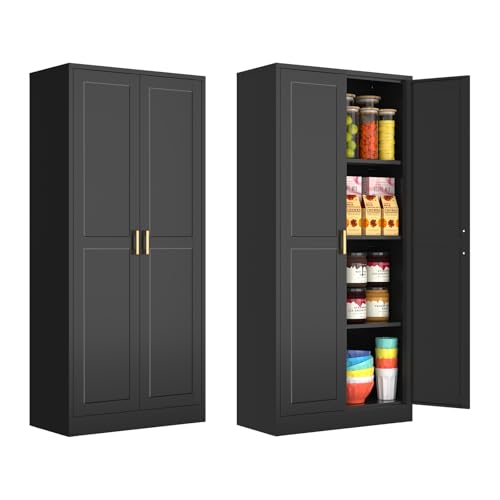 Tall Kitchen Storage Cabinet with Doors and Adjustable Shelves, Black Freestanding Cupboard J20442