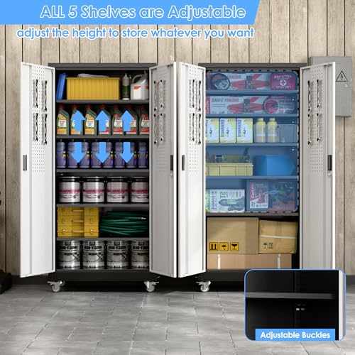 Garage Storage Cabinet with Wheels, 72" H, 2 Doors, 4 Adjustable Shelves, Black R4307