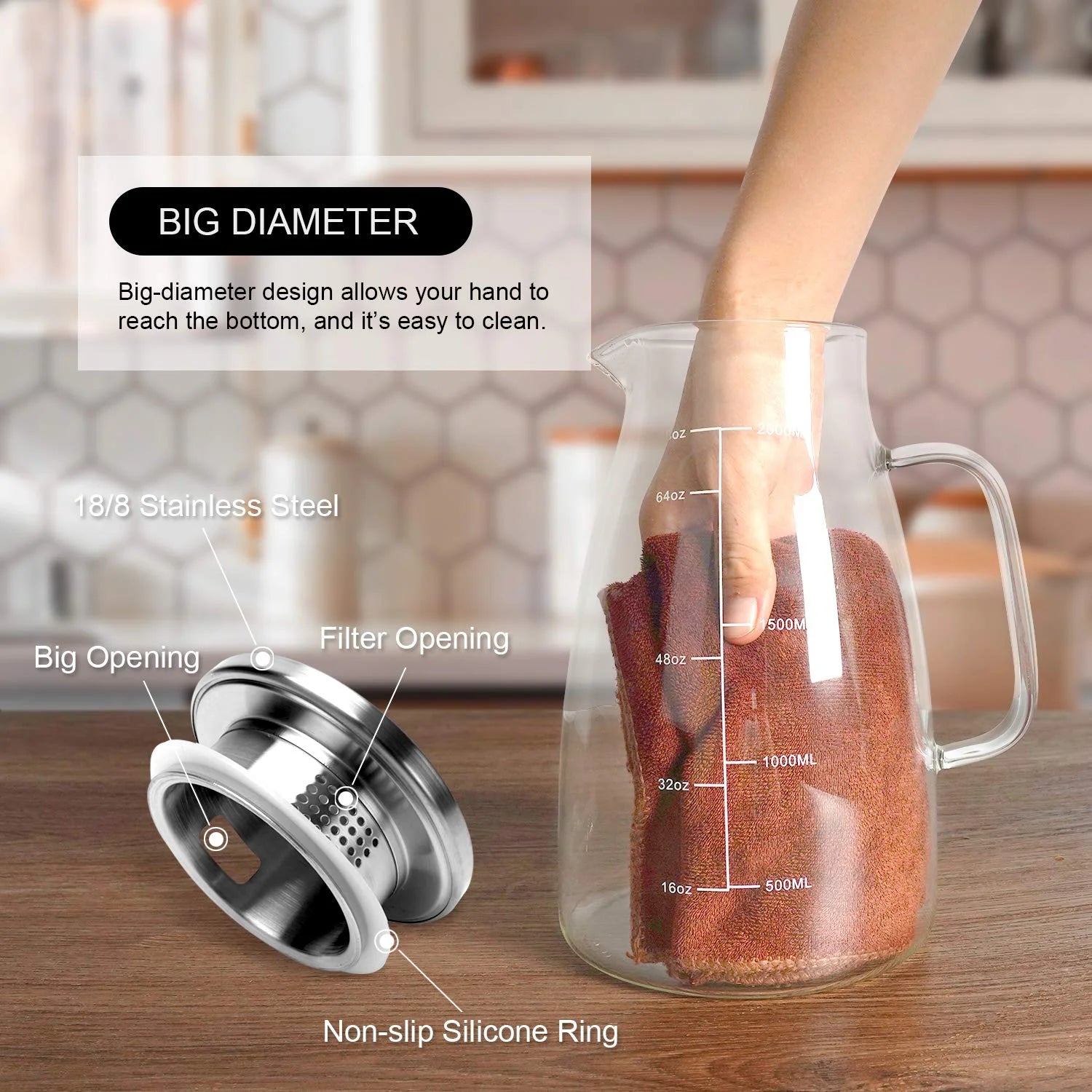 Glass Pitcher with Lid, 68oz Stainless Steel Iced Tea Pitcher G596565