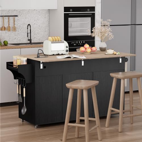 Kitchen Island on Wheels with Storage, Drop Leaf and Power Outlet I19403