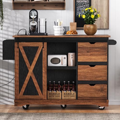 Farmhouse Kitchen Island with Drop Leaf, Barn Door and Power Outlet C3058