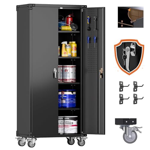 Aobabo Garage Storage Cabinet with Wheels,72" H Metal Storage Cabinet with 2 Doors and 4 Adjustable Shelves for Garage Home, Black,Required-Assembly