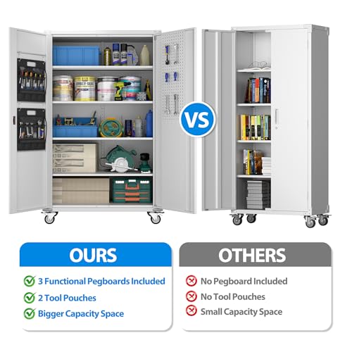 Garage Storage Cabinet with Wheels, 72" H, 2 Doors, 4 Adjustable Shelves, Black R4307