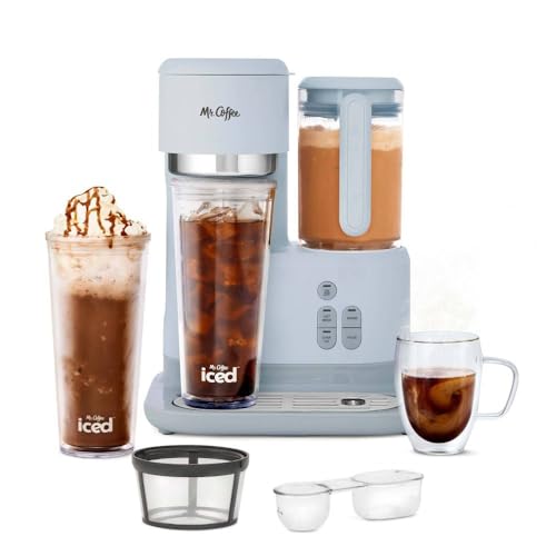 Mr. Coffee 3-in-1 Single-Serve Frappe, Iced & Hot Coffee Maker & Blender w/Reusable Filter, Scoop, Recipe Book, 2 Tumblers, Lids and Straws (Gray)