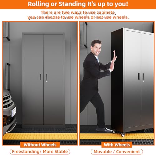 Metal Storage Cabinet with Wheels, 73" H, Locking Doors and Adjustable Shelves A1751