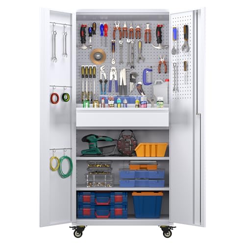 Metal Storage Cabinet with Wheels, 73" H, Locking Doors and Adjustable Shelves A1751