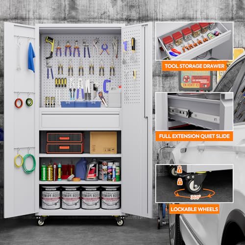 Metal Storage Cabinet with Wheels, 73" H, Locking Doors and Adjustable Shelves A1751