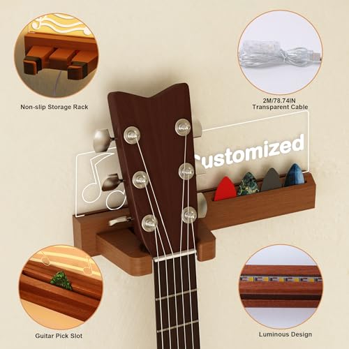 Guitar Wall Mount Stand with LED Lights, Solid Wood & Acrylic, USB-Powered F283