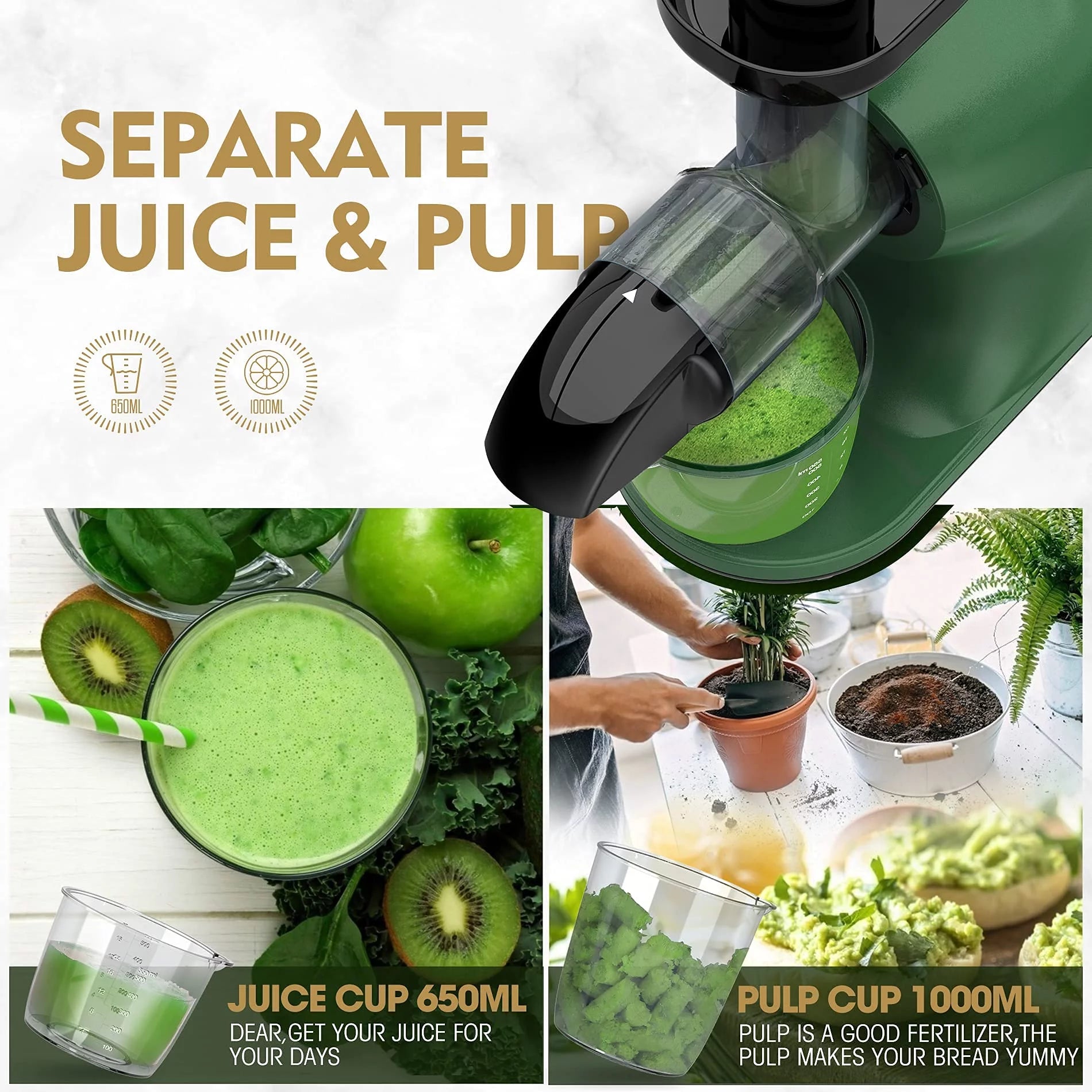 Slow Masticating Juicer for Vegetables and Fruits, Cold Press Extractor I446