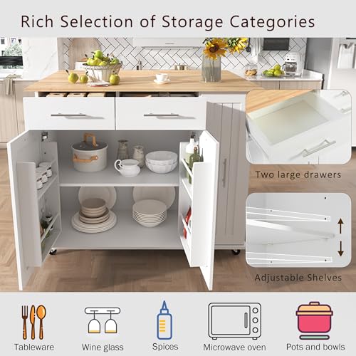 Large Kitchen Island with Drop Leaf, Rolling Cart, Power Outlet and Storage A3211