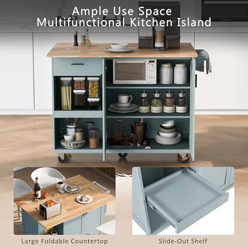 Large Kitchen Island with Drop Leaf, Rolling Cart, Power Outlet and Storage A3211