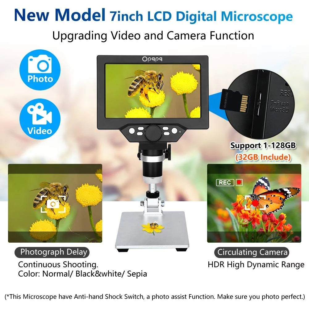 7" LCD Digital Microscope, 1200X Coin Microscope with 32GB Card, Soldering Microscope with 12MP Camera, LED Fill Lights, PC View M589689